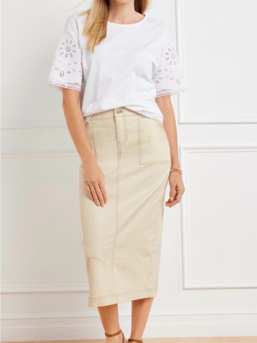 Talbots Cream Midi Pencil Skirt - Classic High-Waist Style